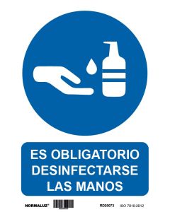 Cartel señalizacion adhesivo 200x300mm vinilo blanco/azul desinfectar manos normaluz