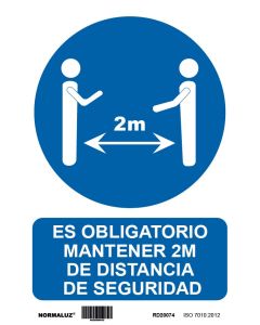 Cartel señalizacion adhesivo 200x300mm vinilo blanco/azul distancia de seguridad 2 normaluz