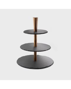 Bandeja ø 18cm soporte 3 alturas set presentacion pizarra y acacia + 4 cuchillos queso