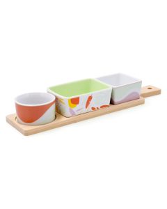 Tabla aperitivo bambu con mango 3 cuencos kaleido 3 cuencos porcelana decorada