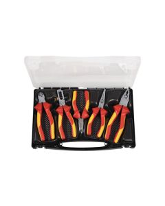 Contenido del juego de alicates cromados aislados vde de 5 piezas en estuche de plástico promat promat 23019064