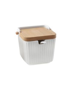 Azucarero porcelana grabada tapa bambu + cuchara blanco rayas d'casa