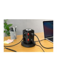 Base multiple torreta 8 enchufes usb a + 2 usb c negro con luz nocturna garza