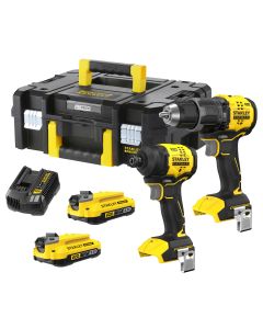 Taladro percutor brushless 60nm + atornillador impacto 170nm 2baterias v20 2ah + cargador stanley