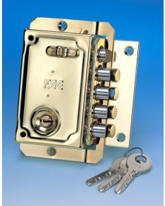Cerradura seguridad sobreponer picaporte y 4 pasadores 144x90mm izquierda bombillo 50mm llave puntos dorado fac 11024