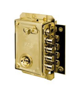 Cerradura seguridad sobreponer picaporte y 4 pasadores 144x90mm derecha bombillo 50mm llave puntos dorado fac 11023