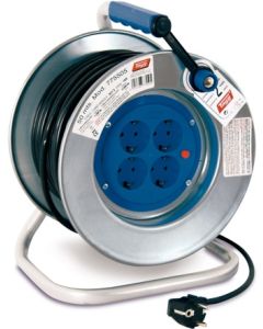 Enrollacable electricidad 4 tomas tt termostato 3x1,5mm 50mt 3500w ip20 255mm metal tayg