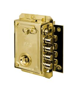 Cerradura seguridad sobreponer picaporte y 4 pasadores 144x90mm derecha bombillo 50mm llave serreta dorado fac 11005