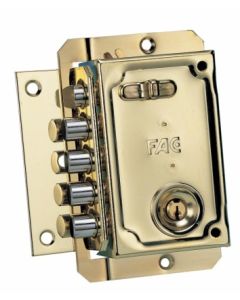Cerradura seguridad sobreponer picaporte y 4 pasadores 144x90mm izquierda bombillo 50mm llave serreta dorado fac 11006