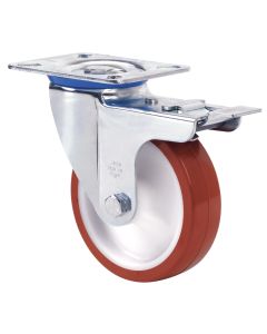 Rueda giratoria con freno platina 105x080mm 100kg cojinete liso 080mm poliuretano inyectado blanco bandaje rojo ruedas alex 2-2366