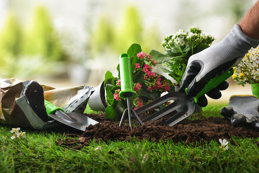 Herramientas de jardinería en el césped
